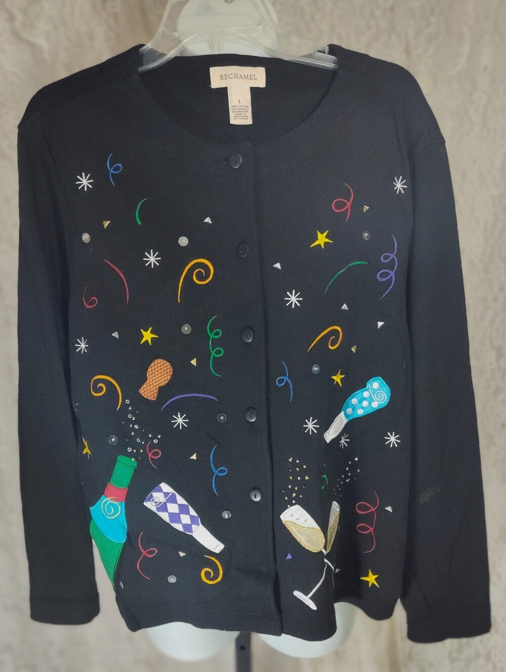 Bechamel Black Embroidered Celebration Cardigan with Colorful Motifs
